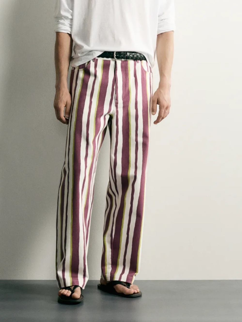 Zara Men's Striped Wide-Leg Jeans in Purple, Green & White